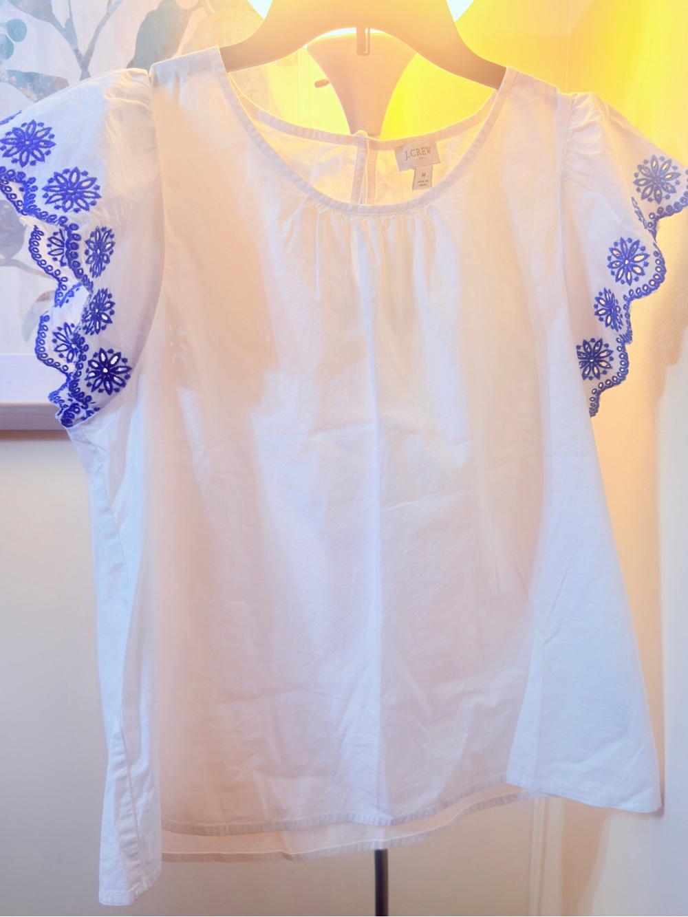 J. Crew White Cotton Blouse with Blue Embroidered Sleeves